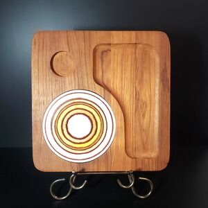 VTG Dolphin Genuine Teak‎ Wooden and Ceramic Serving Board Plate 1960s MCM